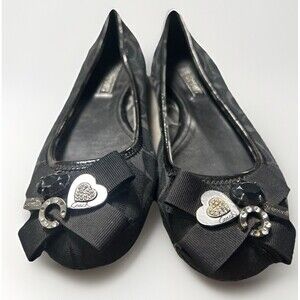 Coach Poppy Caper Y2K Black Patent Leather Logo Bow Ballet Flats Size 8.5 B